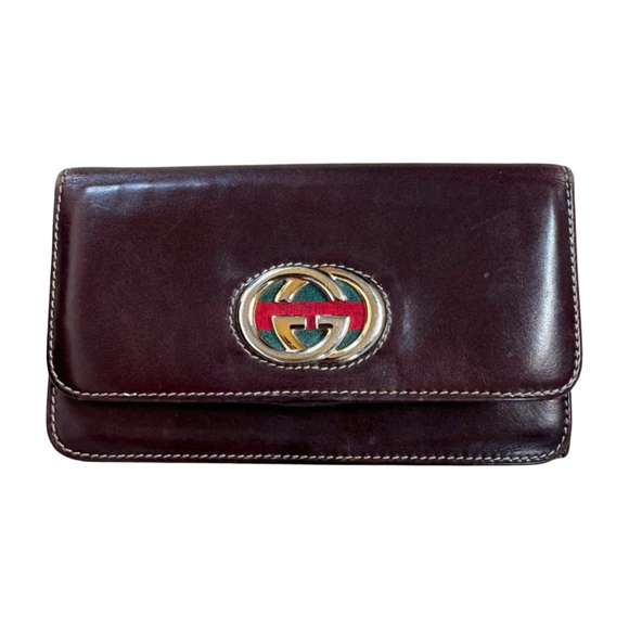 Gucci Vintage Dark Brown Cowhide Leather Web Britt Long Wallet Interlocking G